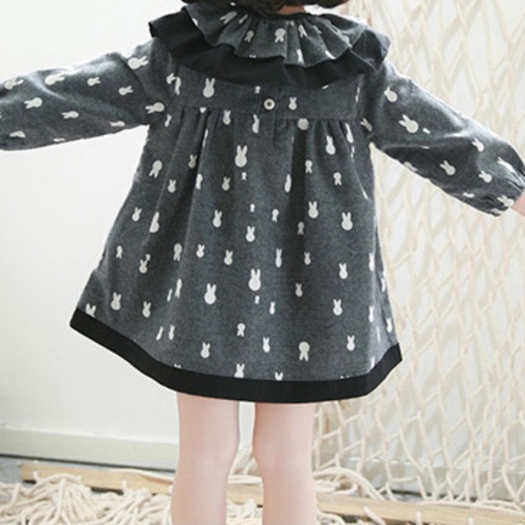 Toddler Girls Bunny Pattern Long Sleeve Gray Dress - Picture 4 of 8